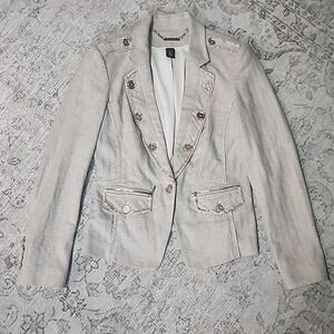 WHBM Linen Blend Blazer 4 Beige Herringbone Classic Gold Buttons Preppy Office